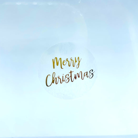 Christmas Sticker Round Gold on Clear 2.5cm